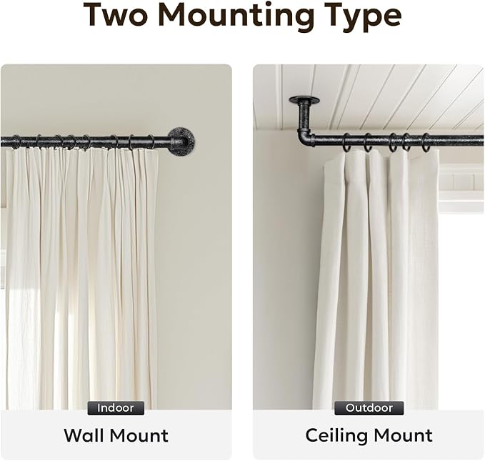 Zeerobee Curtain Rods for Windows 32 to 48, 1 Inch Industrial Wrap Around Vintage Black Curtain Rod, Indoor/Outdoor Room Divider Adjustable Drapery Pole, 32"-48"