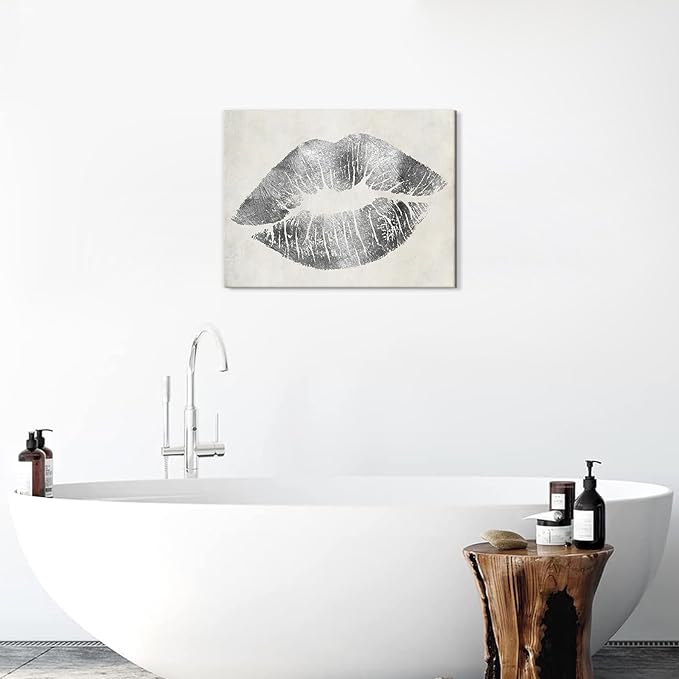 Lip Wall Decor Silver Lip Canvas Wall Art Gray and White Wall Picture Framed for Bedroom Bathroom Makeup Room Wall Decoration 32x24Inch