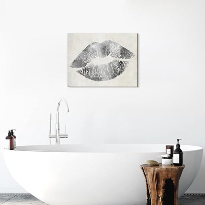 Lip Wall Decor Silver Lip Canvas Wall Art Gray and White Wall Picture Framed for Bedroom Bathroom Makeup Room Wall Decoration 32x24Inch