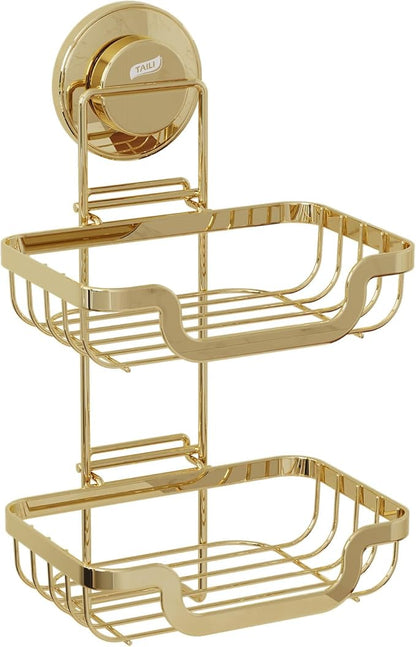 TAILI Double Layer Soap Holder, Bar Soap Dish Suction Cup for Shower Wall, Draining Saver Tray for Bathroom, Rustproof Stainless Steel Sponge Holder for Tub, Kitchen, Drill-Free, Gold