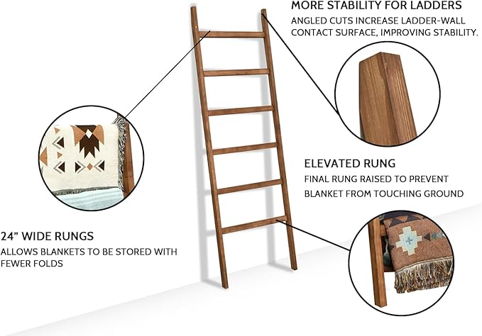 FUIN 6.4ft Extra Wide Wooden Blanket Ladder Living Room Decorative Wal Leaning Farmhouse Quilt Display Holder Rustic Wood Towel Rack for Bathroom, Brown, 24 inch Wide