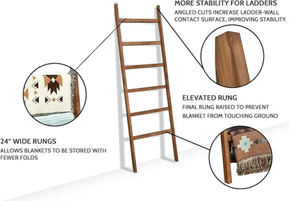 FUIN 6.4ft Extra Wide Wooden Blanket Ladder Living Room Decorative Wal Leaning Farmhouse Quilt Display Holder Rustic Wood Towel Rack for Bathroom, Brown, 24 inch Wide