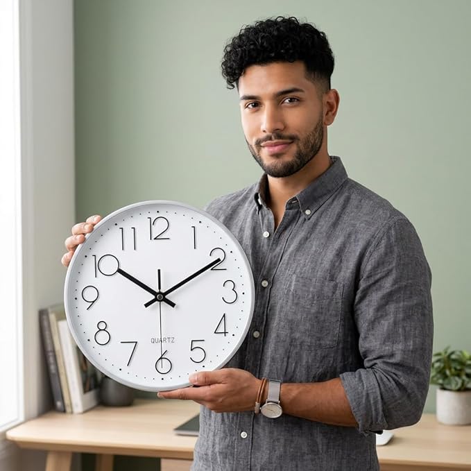 jomparis 10 Inch Silver Wall Clock Battery Operated Silent & Non-Ticking Wall Clock for Home Office Bathroom