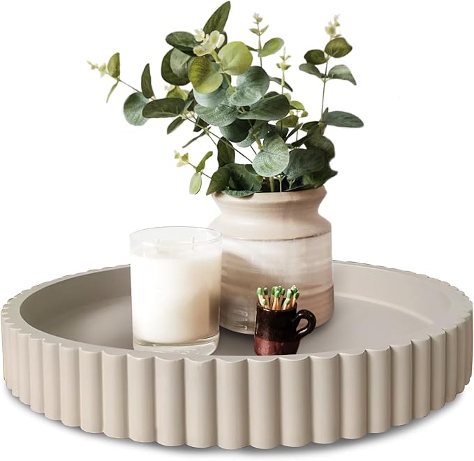 13" Round Solid Concrete Decorative Tray - Heavy Duty Fluted Centerpiece for Coffee Table, Serving, Patio, Home Office & Entryway - Modern Home Decor Trays(Gray)
