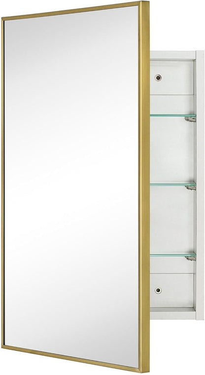 TEHOME 17.5'' x 29'' Brushed Gold Recessed and Surface Mount Bathroom Medicine Cabinet with Mirror Brushed Gold Square Cornered Metal Framed Rounded Rectangle Medicine Cabinet Mirror