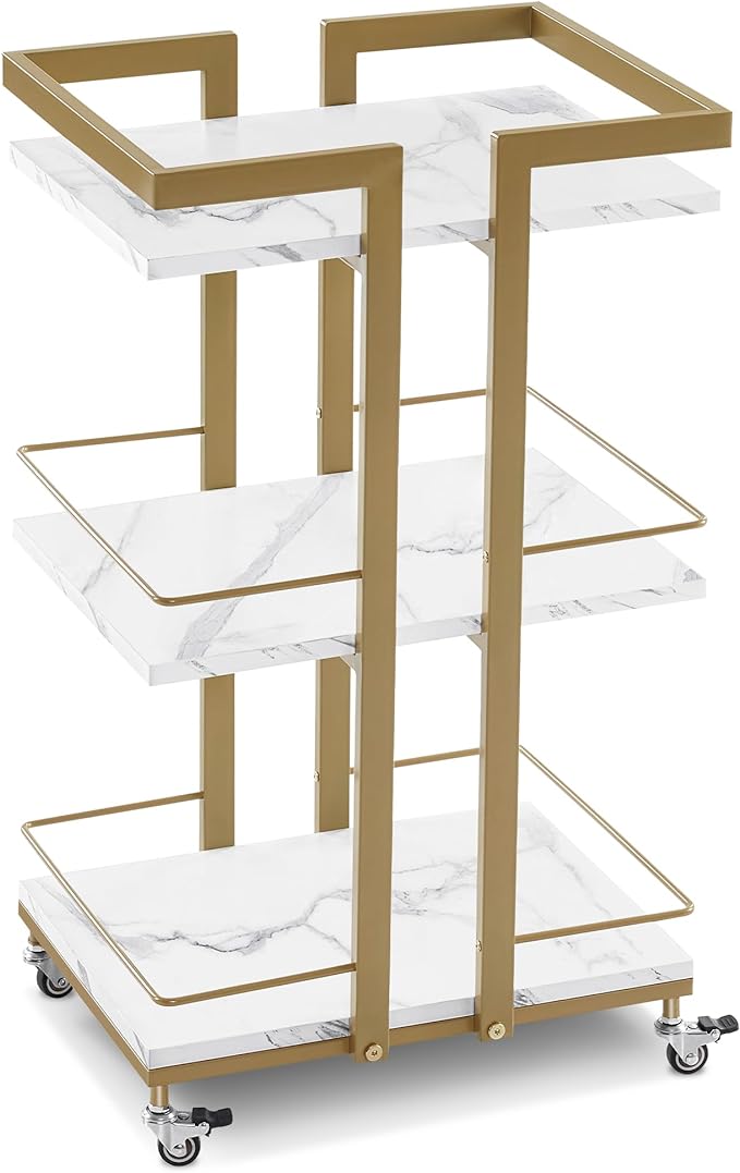 BarberPub Utility Salon Trolley, Metal Storage Rolling Barber Trolley with Wheels, Golden Esthetician Cart, Multi-Purpose 3-Tier Mobile Facial Trolley, Nail Cart 2033 (White)