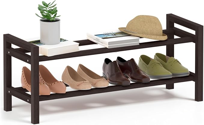 Haddockway Bamboo Shoe Rack for Closet, Free Standing Shoe Organizer with Smooth Round Rods & Convenient Handles, Stackable Shoe Storage Shelf for Entryway, Hallway(Brown, 2-Tier)