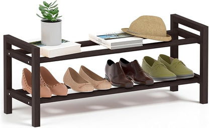 Haddockway Bamboo Shoe Rack for Closet, Free Standing Shoe Organizer with Smooth Round Rods & Convenient Handles, Stackable Shoe Storage Shelf for Entryway, Hallway(Brown, 2-Tier)