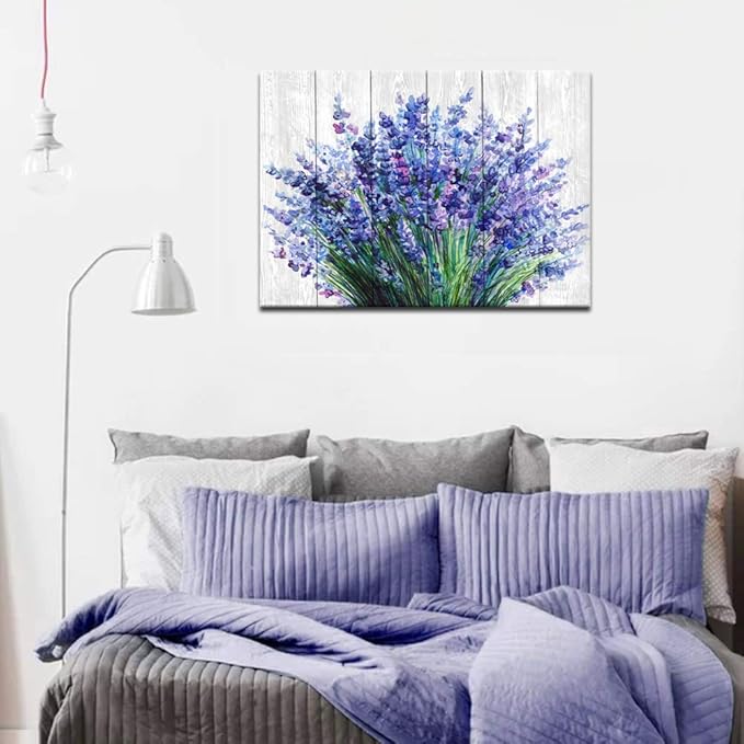 Lavender Wall Art Blue Flowers Watercolor Painting Canvas Picture for Bathroom Bedroom Wall Decor Modern Blossom Canvas Art for Living Room Office Home Decoration 20" x 28"