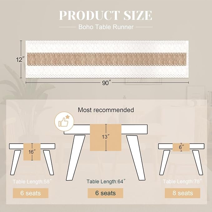 FEXIA Boho Table Runner for Home Coffee Decor 90 Inches Long Farmhouse Rustic Table Runner Macrame Burlap Centerpieces for Tables Decoration for Kitchen Bedroom Decor Bridal Shower (12x90 Inches)