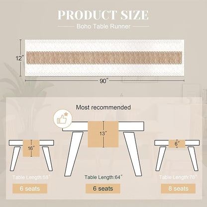 FEXIA Boho Table Runner for Home Coffee Decor 90 Inches Long Farmhouse Rustic Table Runner Macrame Burlap Centerpieces for Tables Decoration for Kitchen Bedroom Decor Bridal Shower (12x90 Inches)