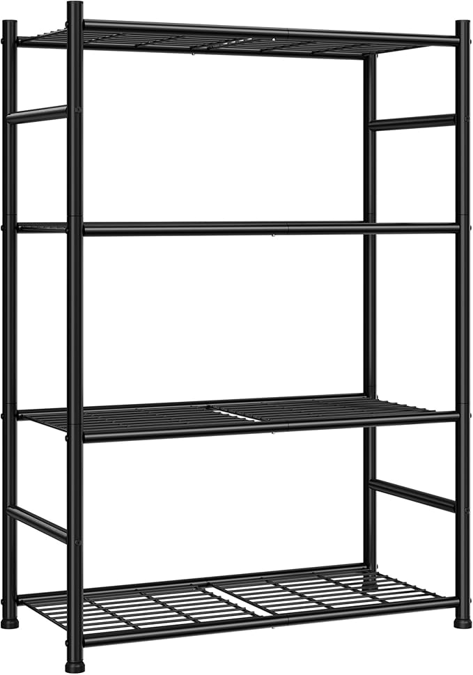 Sakugi Storage Shelves - 4-Tier Metal Storage Shelves with Wall Anchoring Kit & Leveling Feet, Sturdy Steel Shelf Organizer for Kitchen, Laundry Room, Bathroom, 23.6" x 13.7" x 44.8", Black