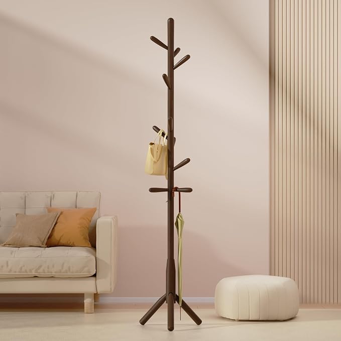 Solid Wood Coat Rack, Freestanding Tree-Shaped Coat Rack with 11 Hooks, Main Pole 1.6" dia,for Clothes, Hat Stand Used in Bedroom/Office/Entryway (3-Leg Base, Dark Walnut)