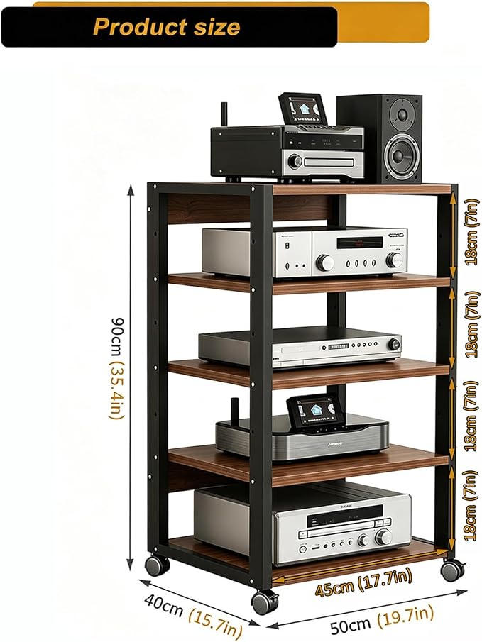 5 Tier AV Media Stand, Audio Rack Tower Stereo Components Cabinet, Home Theatre CD Record Player Stereo Receiver Equipment Rack with Adjustable Wood Shelves, Load 220lbs (Walnut Brown)