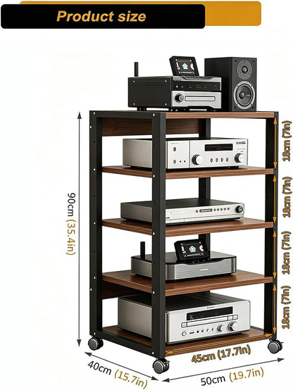 5 Tier AV Media Stand, Audio Rack Tower Stereo Components Cabinet, Home Theatre CD Record Player Stereo Receiver Equipment Rack with Adjustable Wood Shelves, Load 220lbs (Walnut Brown)