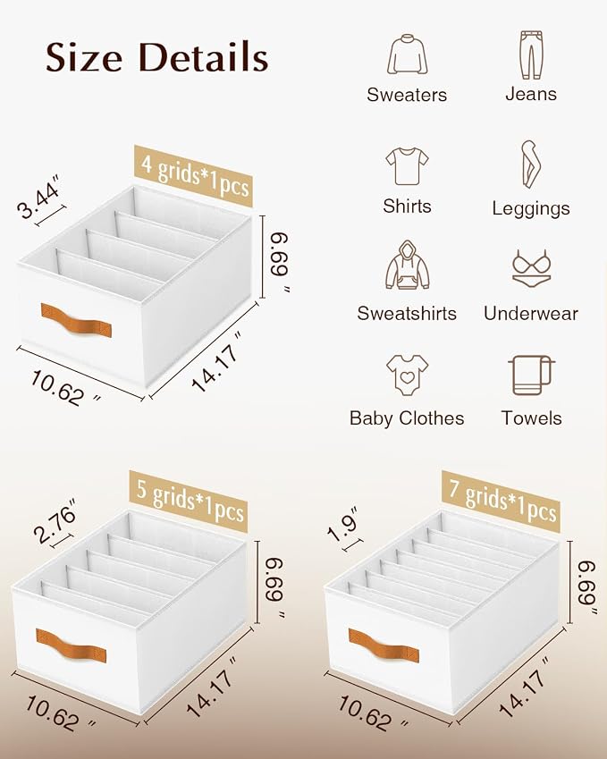 Homsorout Clothes Organizers and Storage - 4/5/7 Grids Fabric Jeans Organizer with Handles, Foldable Closet Organizers Dividers, Wardrobe organizer for Pant, Sweater, T-shirt, Scarf, 3 Pack, White