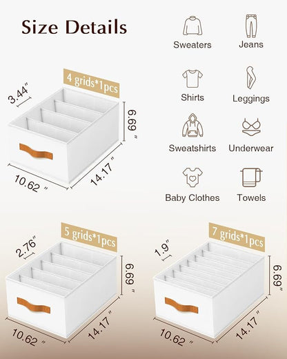 Homsorout Clothes Organizers and Storage - 4/5/7 Grids Fabric Jeans Organizer with Handles, Foldable Closet Organizers Dividers, Wardrobe organizer for Pant, Sweater, T-shirt, Scarf, 3 Pack, White