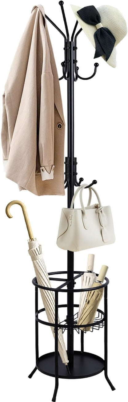 Freestanding Coat Rack with Umbrella Holder,Metal Coat Tree with 12 Hooks for Hanging Coat,Hats,Bag, Black Modern Coat Rack Stand Umbrella Stand for Entryway, Living Room, Bedroom, Office