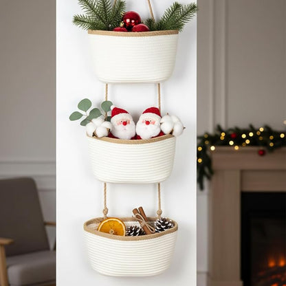 TeoKJ Over the Door Hanging Basket, 3-Tier Woven Cotton Wall-Mounted Storage Organizer Bag Decorative Hanging Nursery Baskets, White & Dark Brown