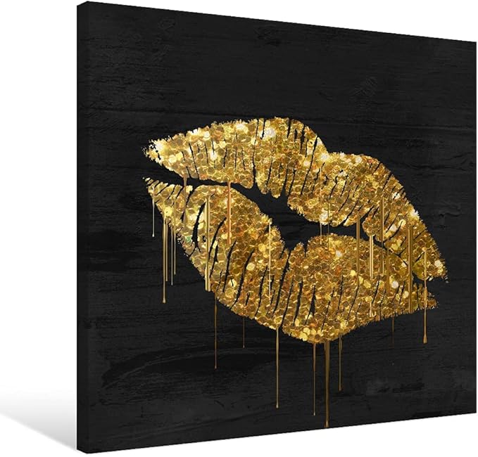 Black and Gold Lip Canvas Wall Art Gold Wall Decor Fashion Glam Poster Kiss Picture for Bedroom Bathroom Wall Decoration Ready to Hang 20x20Inch