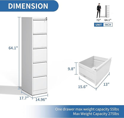 5 Drawer File Cabinet with Lock, Metal Vertical Filing Cabinets for Home Office, Steel Storage Cabinet for Hanging Legal/Letter Size Files, Assembly Required (White)