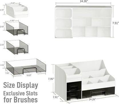 Makeup Organizer with Drawers,Large Cosmetic Storage Box,Countertop Skincare Organizer,ABS Makeup Brush Holder for Bathroom,Desk,Dresser,Multifunctional Beauty Display Case,White transparent