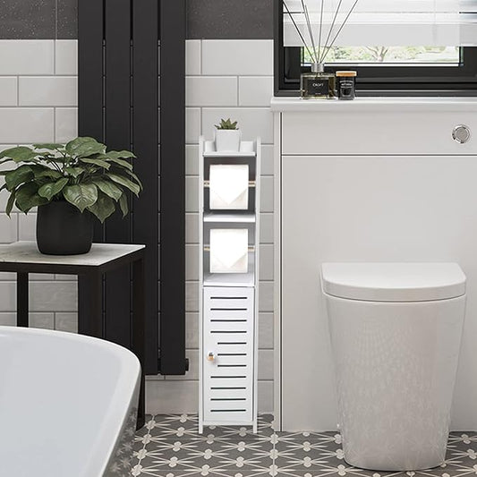 TUOXINEM Small Bathroom Storage with Dual Rods, Over The Toilet, Slim Toilet Paper Storage with 4 Tier Design, Fit Mega Roll (White)