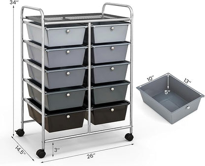 Giantex 10 Drawers Rolling Cart, Classroom Organizers, Storage Cart with Wheels, for Teacher Office Home School Supplies Tool Craft Art Paper, Black Gradient