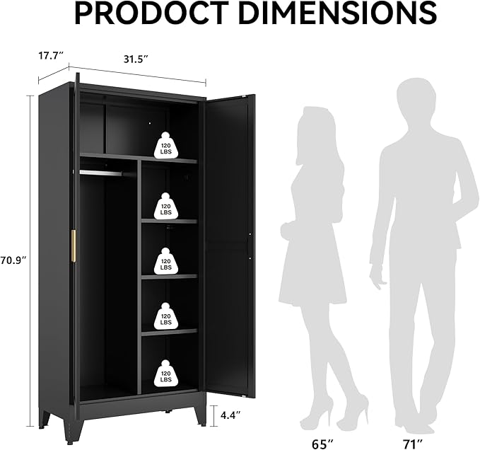COFaR Black Metal Wardrobe Closet, Reversible 2-Section Design with Hanging Rod & Adjustable Shelves, 71" Freestanding Armoire Cabinet with Top Storage Space