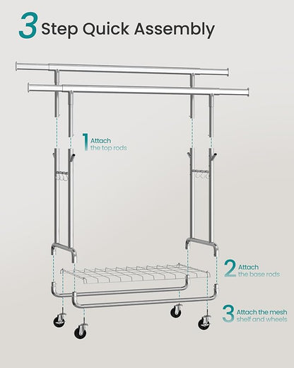 SONGMICS Clothes Rack, Heavy-Duty Rolling Clothing Garment Rack with Wheels, Extendable Double Hanging Rods and Adjustable Height, Portable, with Shelf and Hooks, Silver UHSR015E01