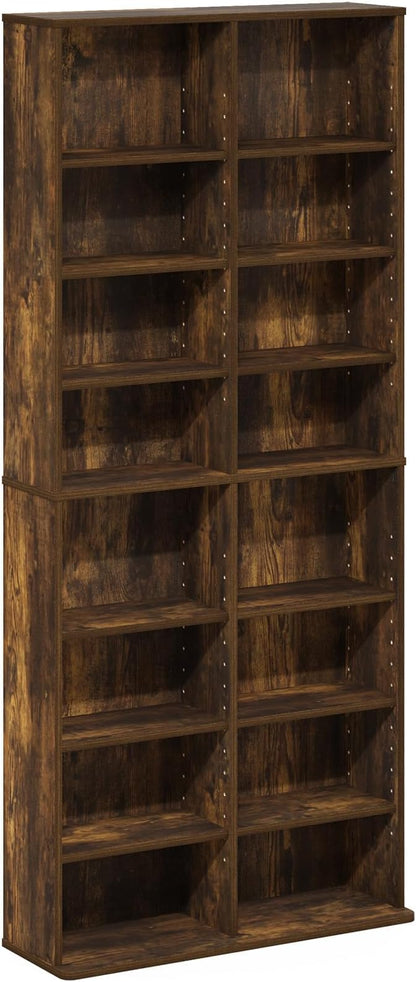 Furinno Jaya DVD Shelf, 16-Shelf Wide CD Rack, Media Shelf with Adjustable Shelves, 8 x 2 DVD Storage Cabinets for CD Blueray Game Disc, Easy Assembly, for Living Room, Home Office, Amber Pine