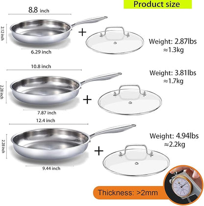 DELARLO Tri-ply Stainless Steel Frying Pan Set 8" 10" 12" With 3 Lid Induction large Skillets Chef's Pan,Pots and Pans Set Kitchen Cookware Set Suitable for All Stove