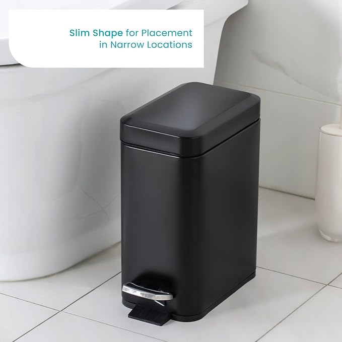 Home Zone Living 1.3 Gallon Small Bathroom Trash Can with Lid and Step Pedal, Stainless Steel Wastebasket with Slim Design for Home and Office, Matte Black, 5 Liters