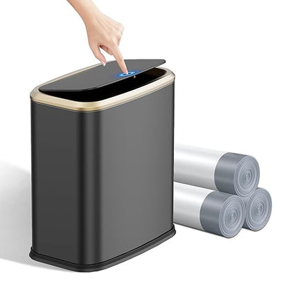 2.1 Gallon Bathroom Trash Can with Lid Press Top, 8 Liter Stainless Steel Garbage Can with Press Type Lid, Slim Trash Bin Waste Basket for Toilet, Office, Bedroom (Titanium Black)