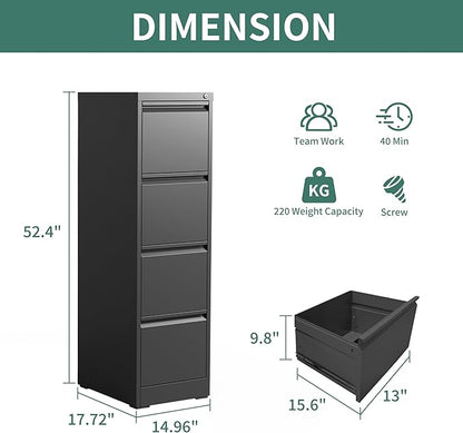 4 Drawer File Cabinet with Lock, Steel Vertical Filing Cabinets for Home Office, Metal Storage Cabinet for Hanging Legal/Letter Size Files, Assembly Required (Black)