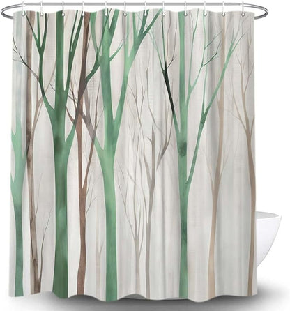 MERCHR Brown Green Tree Fabric Shower Curtain, Art Style Abstract Birch Forest Rustic Wood Polyester Fabric Waterproof Bath Curtain, Farmhouse Bathroom Shower Curtains with Hooks 72X72 Inch