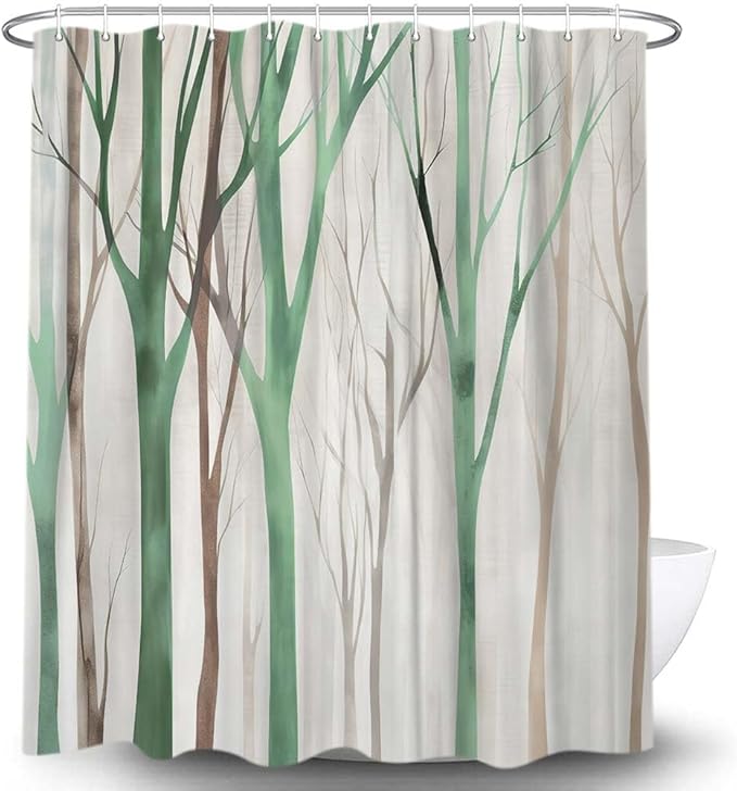 MERCHR Brown Green Tree Fabric Shower Curtain, Art Style Abstract Birch Forest Rustic Wood Polyester Fabric Waterproof Bath Curtain, Farmhouse Bathroom Shower Curtains with Hooks 60X72 Inch