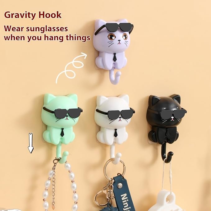 Cat Key Holder for Wall with Sunglasses, No Drill Adhesive Hooks 4 Pack for Keys, Hats, Coats & Towels, Cute Cartoon Cat Wall Decor for Apartment, Kitchen, Office and Bathroom Organization