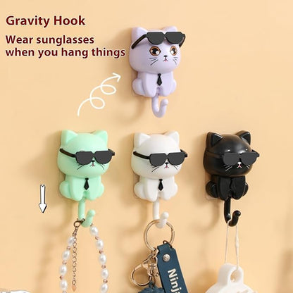 Cat Key Holder for Wall with Sunglasses, No Drill Adhesive Hooks 4 Pack for Keys, Hats, Coats & Towels, Cute Cartoon Cat Wall Decor for Apartment, Kitchen, Office and Bathroom Organization