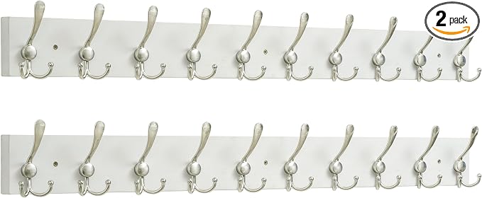 SKOLOO Creations White Solid Wood Wall Mounted Coat Rack, 10 Hooks, 38-1/8" Long - Kitchen, Mudroom, Entryway, Bathroom - Includes Mounting Hardware, Wall Coat Hanger, Towel Rack, Pack of 2