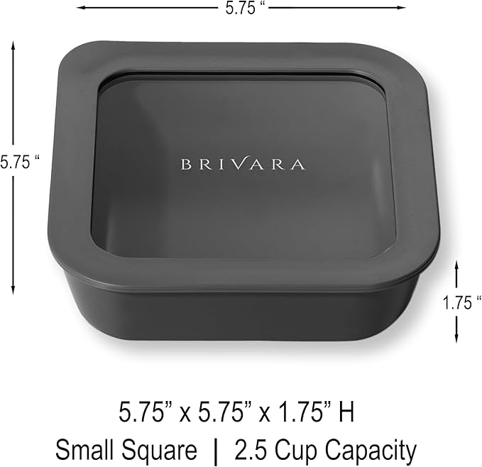 BRIVARA HOME Ceramic Coated Glass Food Storage Container | No PTFE, PFOA, PFAS, and BPA | Reusable Non Toxic Meal Prep Container with Glass Lid | Easy To Store | 2.5 Cup Square [Onyx]