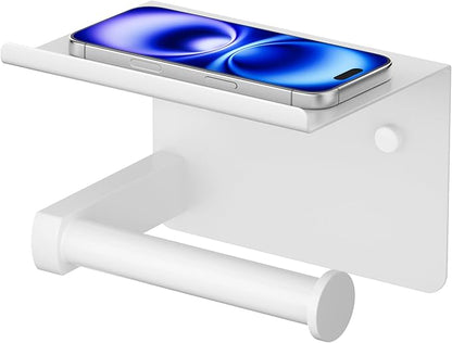 FORIOUS Toilet Paper Holder with Shelf, Adhesive or Screw Wall Mount Toilet Paper Roll Holder for Bathroom, Rustproof 304 Stainless Steel Toilet Roll Tissue Holder Dispenser with Shelf (1, White)