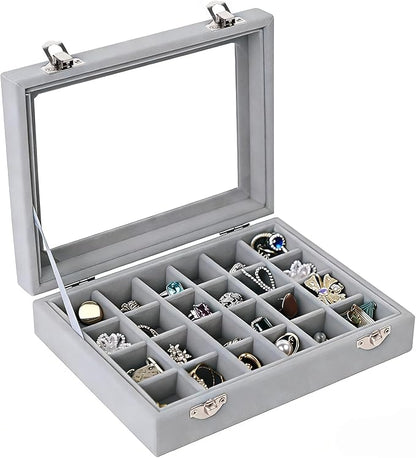 Velvet Jewelry Box 24 Grid Jewelry Earrings Display Organiser Box Ring Tray Holder Earrings Storage Case for Girls Women Wife Mom (Gray)
