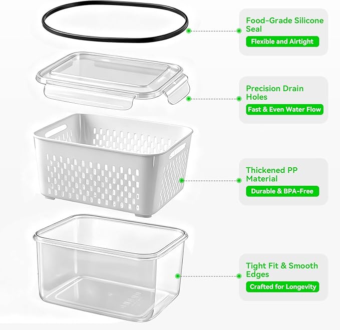 Fresh Produce Storage Containers for Fridge, 3 Pack Fruit Vegetable Keeper with Drain Basket & Airtight Lid, BPA Free Fridge Organizer Bins for Berries, Salad, Meal Prep, 28oz 60oz 111oz