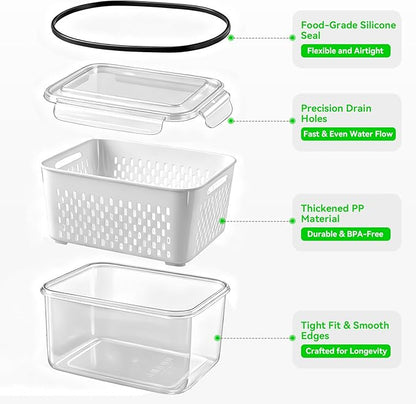 Fresh Produce Storage Containers for Fridge, 3 Pack Fruit Vegetable Keeper with Drain Basket & Airtight Lid, BPA Free Fridge Organizer Bins for Berries, Salad, Meal Prep, 28oz 60oz 111oz
