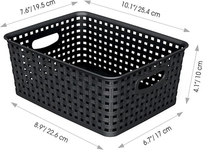 WYT 12-Pack Plastic Small Shelf Storage Weave Baskets for Organizing, Black