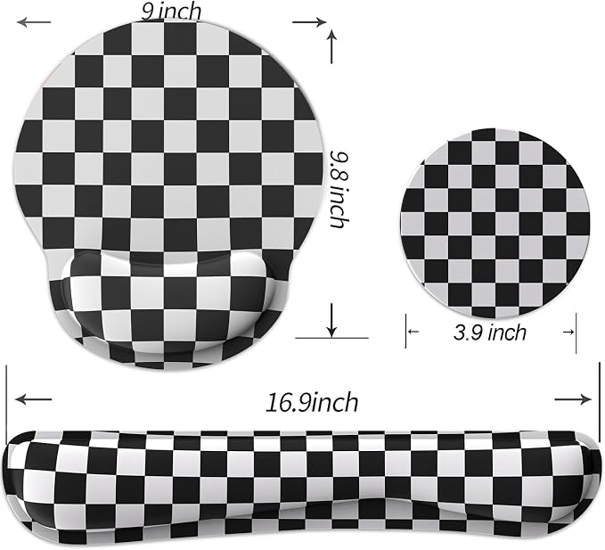 Ergonomic Mouse Pad with Wrist Rest and Keyboard Wrist Rest, Mousepad and Keyboard Pad, Non-Slip Rubber Base, Pain Relief, Mouse Pad with Wrist Support for Gaming, Computer, Office, Black Checkered