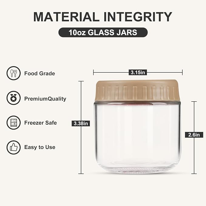 SHOWIN Overnight Oats Containers with Lids, 10oz Glass Jars with Lids 8 pcs, Taffy, Wide Mouth Mason jars for Salad, Yogurt, Snacks, Meal Prep