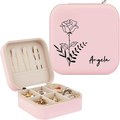 Custom Jewelry Box, Traveling Jewelry Case Leather Mini Jewelry Case with Name & Birth Flower Personalized Mothers Day Gifts, Birthday Gifts, Wedding Gifts for Women Mom Wife Girls