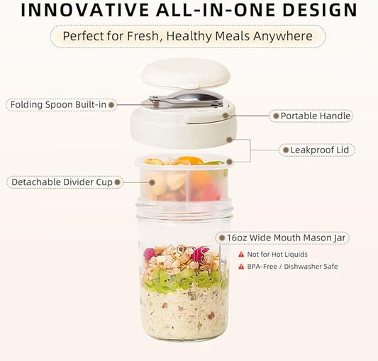 UWILLION Overnight Oats Containers with Lids and Handles, 16 oz Glass Mason Jars with Folding Spoons & Topping Compartments, Yogurt Parfait Cups for Meal Prep, Chia Pudding, Breakfast to Go, 2 Pack
